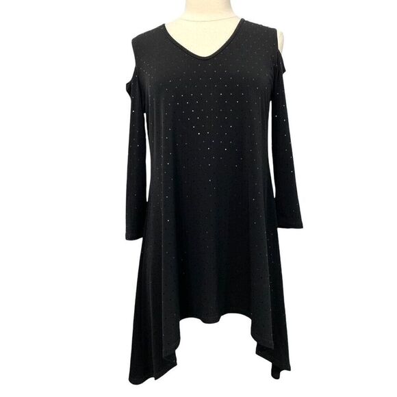 Clara Sun Woo Black Cold Shoulder Tunic Sparkle Reflective Dots Festive Size XS - Picture 1 of 8